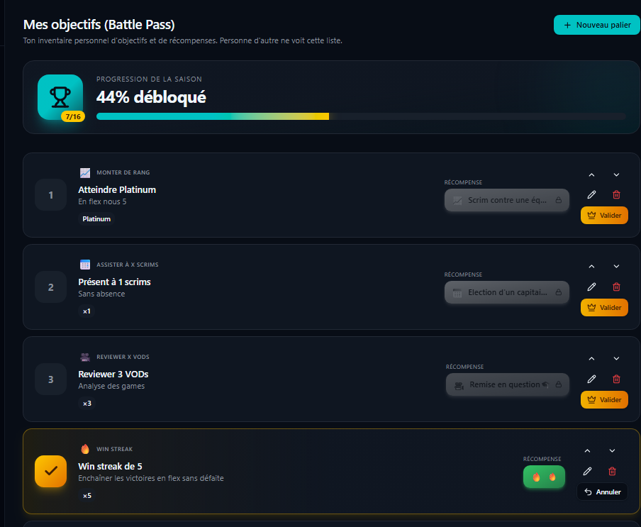 Mes objectifs Battle Pass — Pentakill Manager