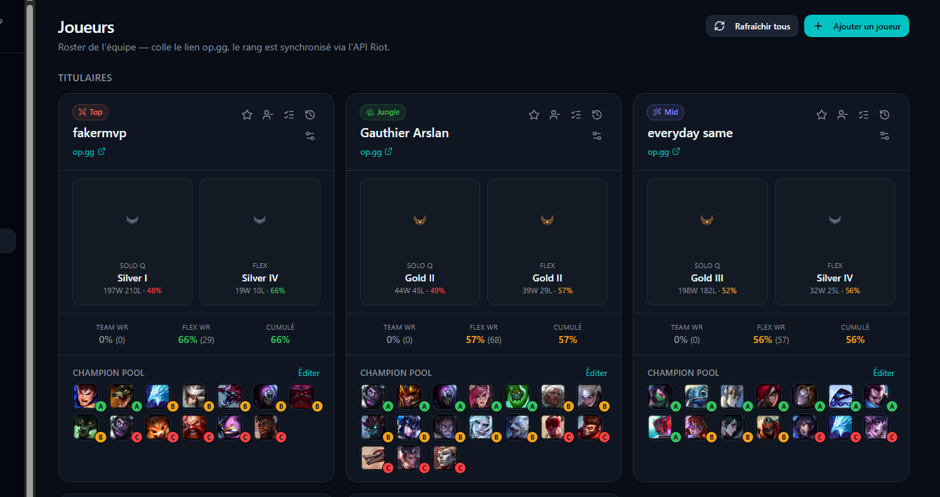 Page Joueurs — Pentakill Manager
